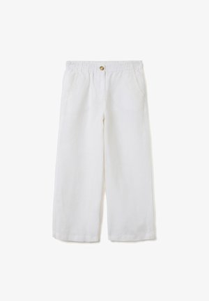 Pantalons larges en lin blanc avec une taille élastique, deux poches latérales et un détail de bouton à l'avant. Texture lisse et tissu respirant.