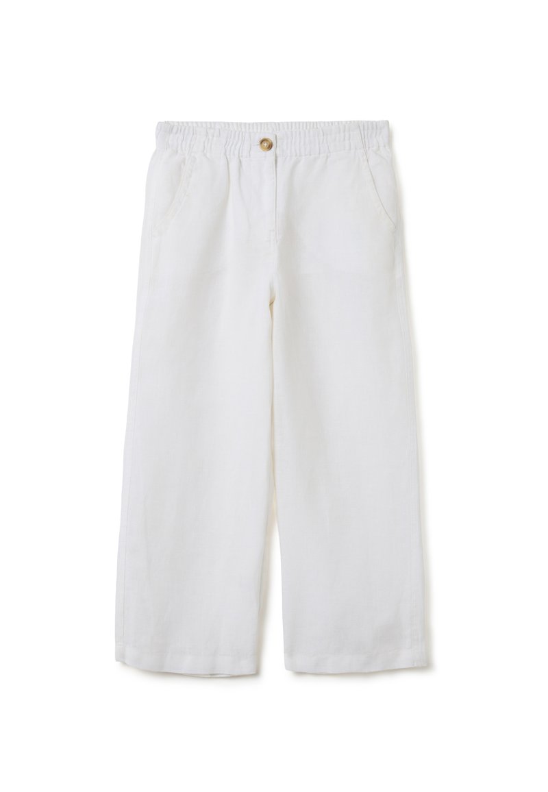 Witte linnen wijde broek met een elastische tailleband, twee zijzakken en een knoopdetail aan de voorkant. Gladde textuur en ademende stof.
