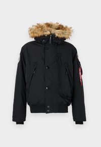 Black parka jacket featuring a fur-lined hood, button and zipper closure, multiple front pockets, and elastic cuffs.