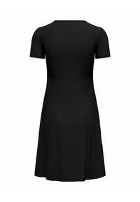 Robe noire à manches courtes, longueur genou, avec une texture côtelée ajustée et une jupe légèrement évasée, vue de dos.