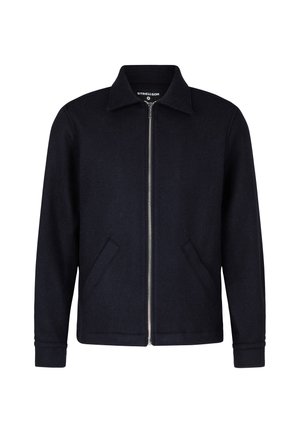 Navy wool blend jacket with a collar, front zipper, and two side pockets. Features ribbed cuffs and a smooth texture.