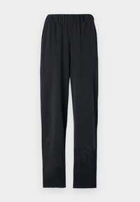 Mustad musta värvi kerged püksid, millel on elastne vöökoht, sirged säärenoomise jaoks ja sile tekstuur. Ilma taskute ja lisakaunistusteta.