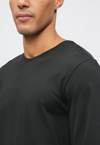 Κοντινό πλάνο ενός ατόμου που φοράει ένα απλό μαύρο μπλούζα με μακριά μανίκια, εστιάζοντας στην κολάρο και το άνω κορμό.