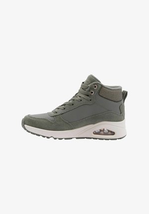 Szary sneaker za kostkę z białą podeszwą, piętą z poduszką powietrzną, wiązany z przodu, wykonany z zamszu i siateczki, z wyściełanym kołnierzem wokół kostki.