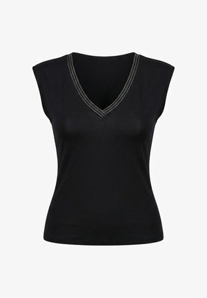 Top nero senza maniche da donna con scollo a V e doppia cucitura bianca lungo il collo, su sfondo semplice.