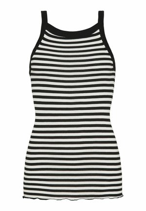 Fekete-fehér csíkos, bordázott textúrájú trikó, testhez simuló szabással és fodros szegéllyel. Keskeny pántokkal és kerek nyakkivágással rendelkezik.