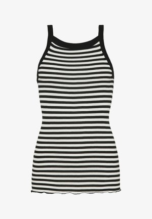 Juoda ir balta dryžuota kita su briaunotu tekstūru, prigludusiu siluetu ir banginiu kraštu. Turi siauras petnešėles ir apvalią kaklo iškirptę.