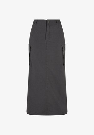 Tamsiai pilkas medvilnės sijonas su užtrauktuku, iki kelių ilgio, su dviem šoniniais kišenėmis ir tiesia siluetu.