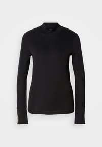 Zwarte longsleeve coltrui met een aansluitend ontwerp, zachte structuur en een goudkleurige accent bij de manchetten en logo-detail near de zoom.