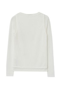 Weißer Langarmpullover aus strukturiertem Strickstoff. Mit Rundhalsausschnitt und geradem Schnitt am Saum. Rückansicht gezeigt.