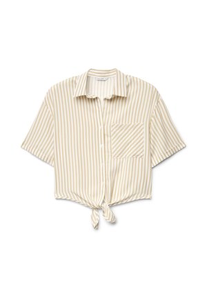 Camicia a righe verticali beige e bianche, maniche corte, con bottoni, tasca frontale e nodo annodato sull'orlo.