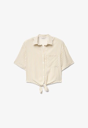 Camicia a righe verticali beige e bianche, maniche corte, con bottoni, tasca frontale e nodo annodato sull'orlo.