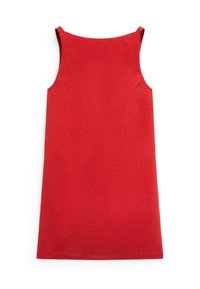 Punainen hihaton mekko, joka on valmistettu sileästä kankaasta. Siinä on suora kaula-aukko ja vaatimaton selkä, ja se ulottuu juuri polven ylle yhtenäisessä värissä.
