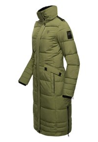 Padded green coat featuring a high collar, dual zipper pockets, black accents, and a logo patch on the sleeve.