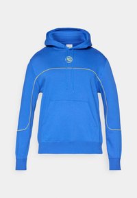 Sudadera azul con bolsillo tipo canguro en el frente, ribetes amarillos en las mangas y el pecho, y el número "90" impreso en amarillo en el pecho.