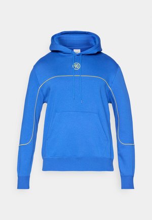 Blue hoodie with front kangaroo pocket, yellow piping on sleeves and chest, and "90" printed in yellow on the chest.