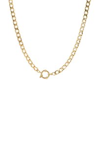 Złoty metalowy naszyjnik łańcuszkowy z okrągłymi ogniwami i okrągłym zapięciem. Gładka faktura z polerowanym wykończeniem i jednolitym złotym odcieniem.