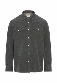 Gray corduroy shirt with button-down collar, two chest pockets, white buttons, and textured fabric. Features a subtle vertical stripe pattern.