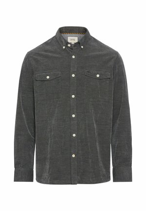 Gray corduroy shirt with button-down collar, two chest pockets, white buttons, and textured fabric. Features a subtle vertical stripe pattern.
