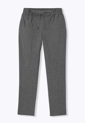 Pantalons gris en tissu tissé avec une coupe décontractée, taille élastique et cordon de serrage réglable. Présentent une texture subtile et un design à jambes fuselées.