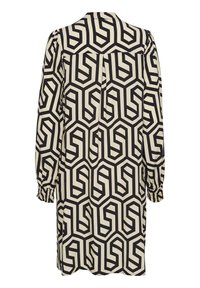 Mekko, jossa on musta ja beige geometrinen kuvio, pitkät hihat, joustavat hihan suut ja takaosa, jossa on poikkisauma. Valmistettu kevyestä kankaasta.