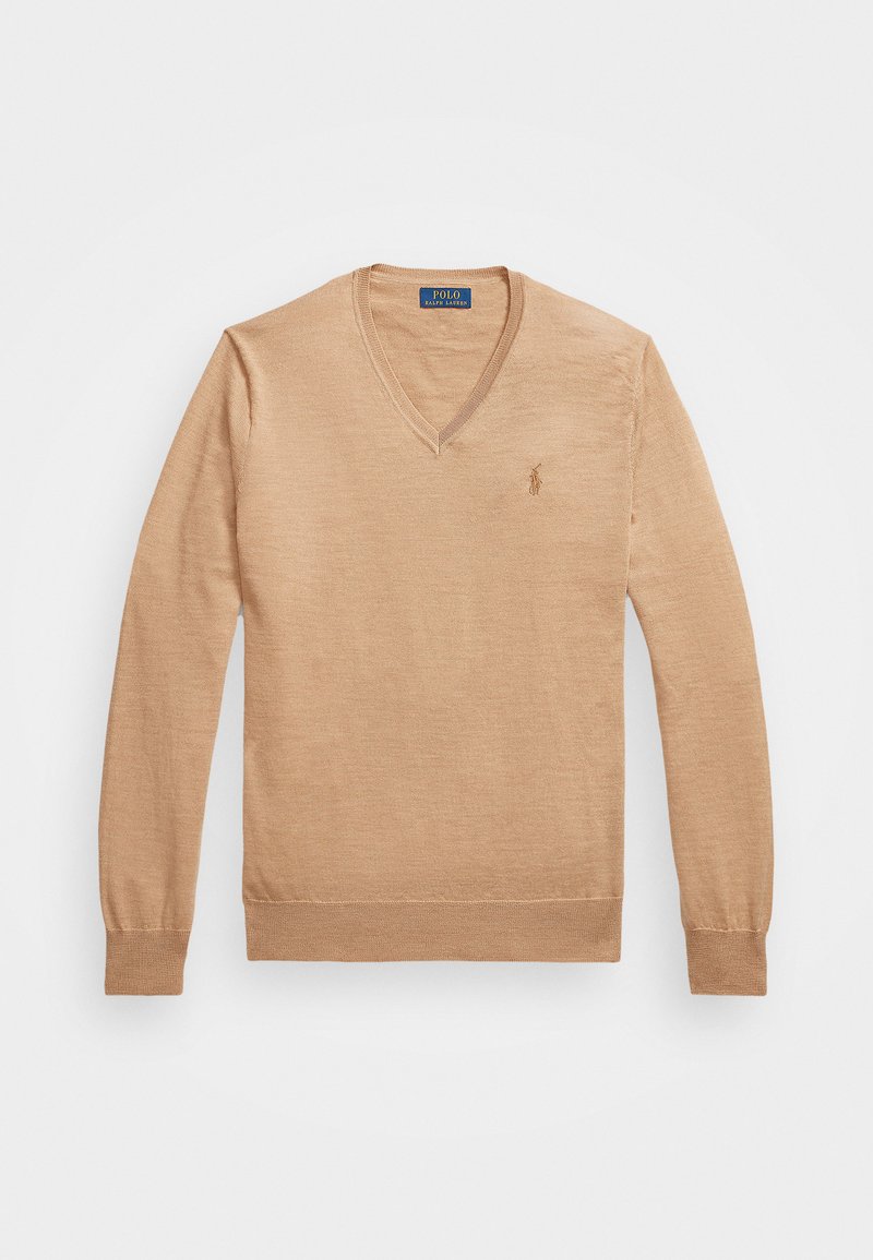 Helles beige V-Ausschnitt-Pullover mit langen Ärmeln, aus einem feinen Strickstoff gefertigt. Verfügt über gerippte Bündchen und ein kleines gesticktes Logo auf der Brust.