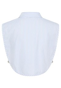 Aizmugures skats uz krekli ar gaiši ziliem un baltajiem vertikālajiem svītrām, kuram ir klasisks apkakle un īsas piedurknes. Mīksta auduma ar gludu faktūru.