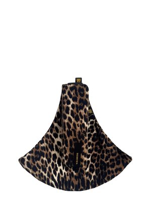 Leopard print face mask with a matching fabric pouch, both featuring a small gold tiger logo and the word Wildride on the pouch strap.