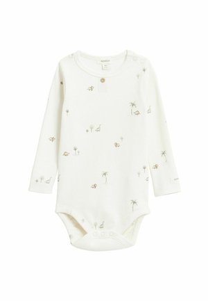 Hvid babybody med lange ærmer med små dyr og trætryk, rund hals, trykknapper i bunden og en knap nær kraven.