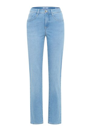 Jean droit en denim bleu clair avec poches avant, passants pour ceinture, fermeture par bouton et braguette zippée.