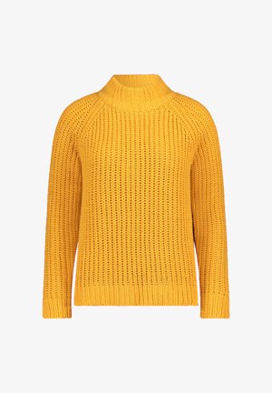 Bright yellow chunky knit sweater with long sleeves and a ribbed mock neck on a white background.