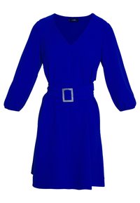 Blå klänning med V-ringning, långa puffärmar, midjebälte med fyrkantig spänne och en svävande kjol. Slät textur, midjehöjd.