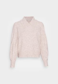 Rosa gestrickter Pullover mit einem Kragen, der mit perlenähnlichen Akzenten verziert ist, langen Ärmeln und einem cropped Saum. Weiche Textur über das gesamte Kleidungsstück.
