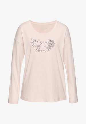 Helles rosa Langarm-T-Shirt mit Rundhalsausschnitt. Auf der Vorderseite mit schwarzem Blumenmotiv und dem Text "Lass deine Träume blühen" versehen. Weicher Stoff.