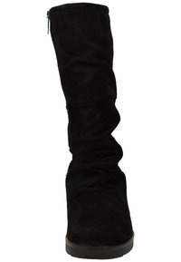 Botte noire en daim, montante jusqu'au genou, avec un design décontracté, fermeture éclair sur le côté et tissu texturé, dotée d'une semelle en caoutchouc plate.