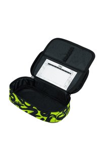 Stiftetui mit Reißverschluss in limonengrüner und schwarzer abstrakter Gestaltung. Weiches Material, rechteckige Form und mit einem gefütterten Innenraum sowie einem abnehmbaren Kalender.
