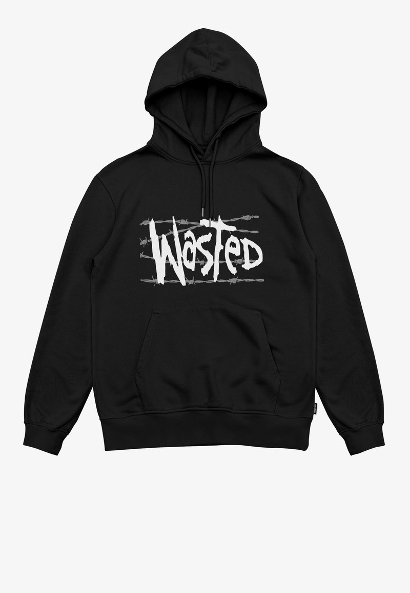 Felpa nera con cappuccio, tasca frontale e grafica bianca "Wasted" in stile usurato con dettagli di filo spinato.