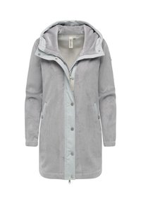 Giacca di corduroy grigia con cappuccio staccabile di colore azzurro chiaro, zip frontale, bottoni a pressione, tasche laterali e una morbida fodera interna testurizzata.