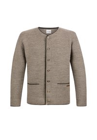 Grauer Cardigan mit rundem Ausschnitt, Knopfverschluss, zwei seitlichen Taschen und einem strukturierten Strickmuster. Enthält braune Knöpfe und schwarze Einfassungen.