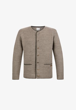 Gray cardigan with a round neckline, button closure, two side pockets, and a textured knit pattern. Features brown buttons and black trim.