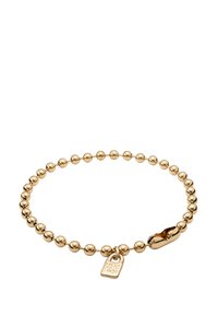 Pulsera de tono dorado hecha de cuentas redondas, con un cierre que tiene una pequeña etiqueta grabada con "UNO de 50". Acabado suave y brillante.