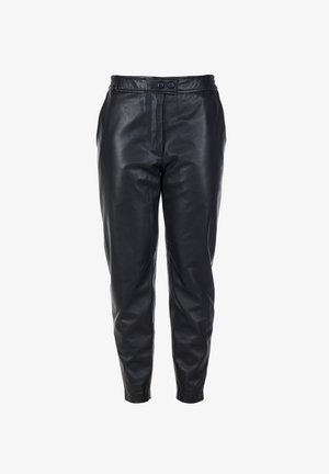 Black leather trousers with a smooth texture, featuring a high waist, two button closure, and tapered leg design. No visible pockets.