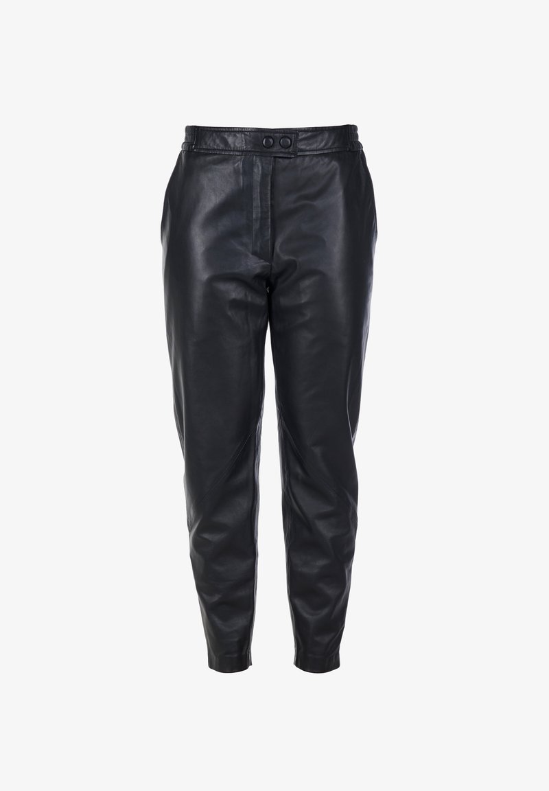 Schwarze Lederhose mit glatter Textur, hoher Taille, zwei Knopfverschluss und schmal zulaufendem Bein. Keine sichtbaren Taschen.