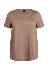 Bruine katoenen t-shirt met een ronde halslijn en korte mouwen, voorzien van een minimalistische "Sea" borduur in donkere draad op de linkerkant van de borst.