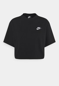 Black cropped t-shirt made of cotton, featuring a crew neckline and short sleeves. It has a white Nike logo on the left chest area.