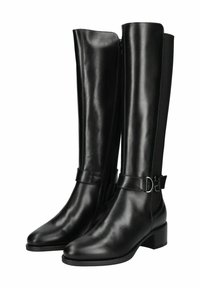 Bottes noires en cuir montantes avec une finition lisse, fermeture éclair sur le côté et une sangle avec une boucle en métal. Design de talon carré.