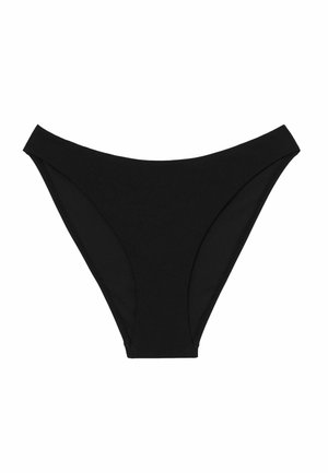 Czarny dół od bikini damskiego z niskim stanem i umiarkowanym bokiem, prezentowany na białym tle.
