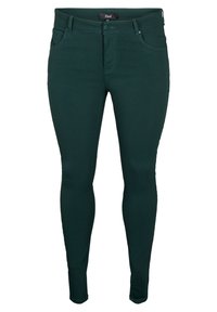 Zelené skinny džíny vyrobené z pružného denimového materiálu, s klasickým pěti-kapsovým designem, poutky na pásek a zapínáním na zip.