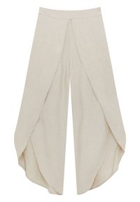 Pantalons en lin à jambes larges de couleur beige clair avec un design drapé, présentant un devant fendu et une texture douce, créant une silhouette aérée.
