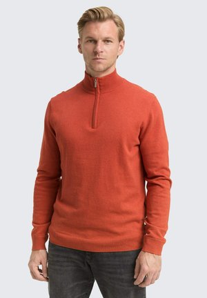 Oranje, lange mouwen zip-up trui met een hoge kraag, gemaakt van een gladde gebreide stof, met een subtiele ribbelstructuur bij de manchetten en de zoom.